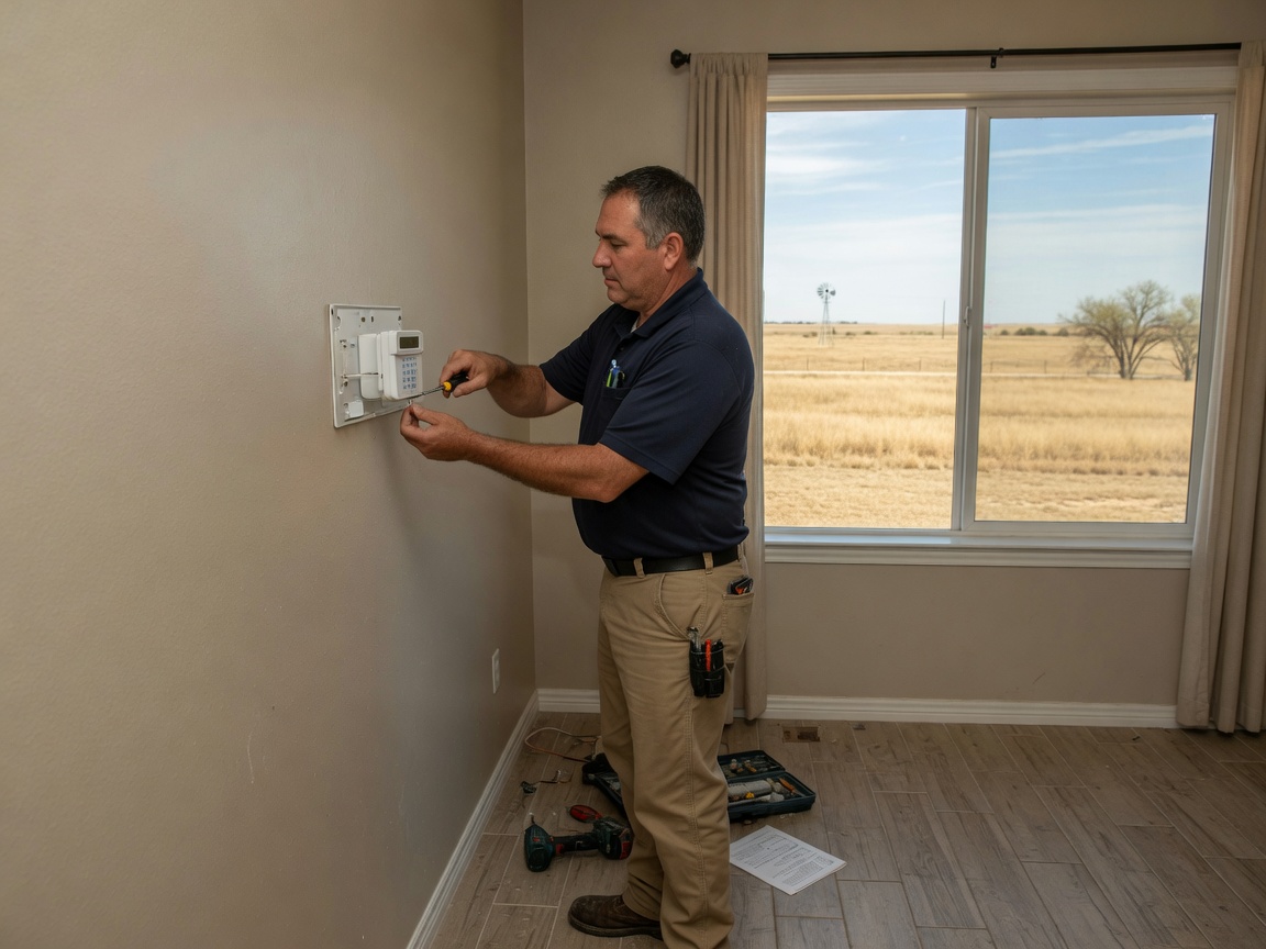 Technician installing a keypad in a Lubbock home